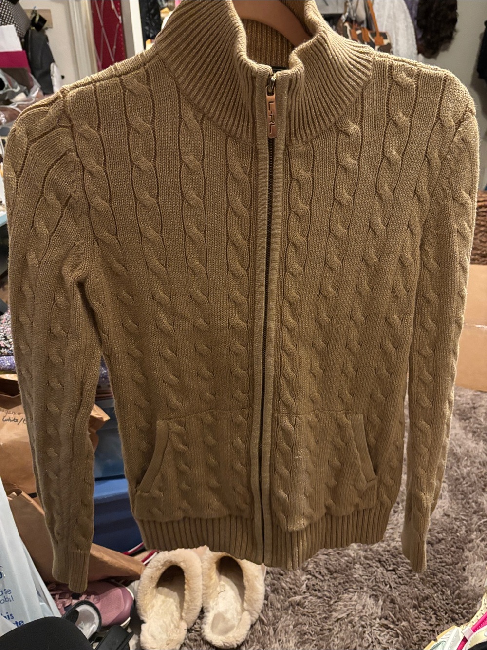Ralph Lauren Double RL Tan Cable-Knit Full-Zip Sweater